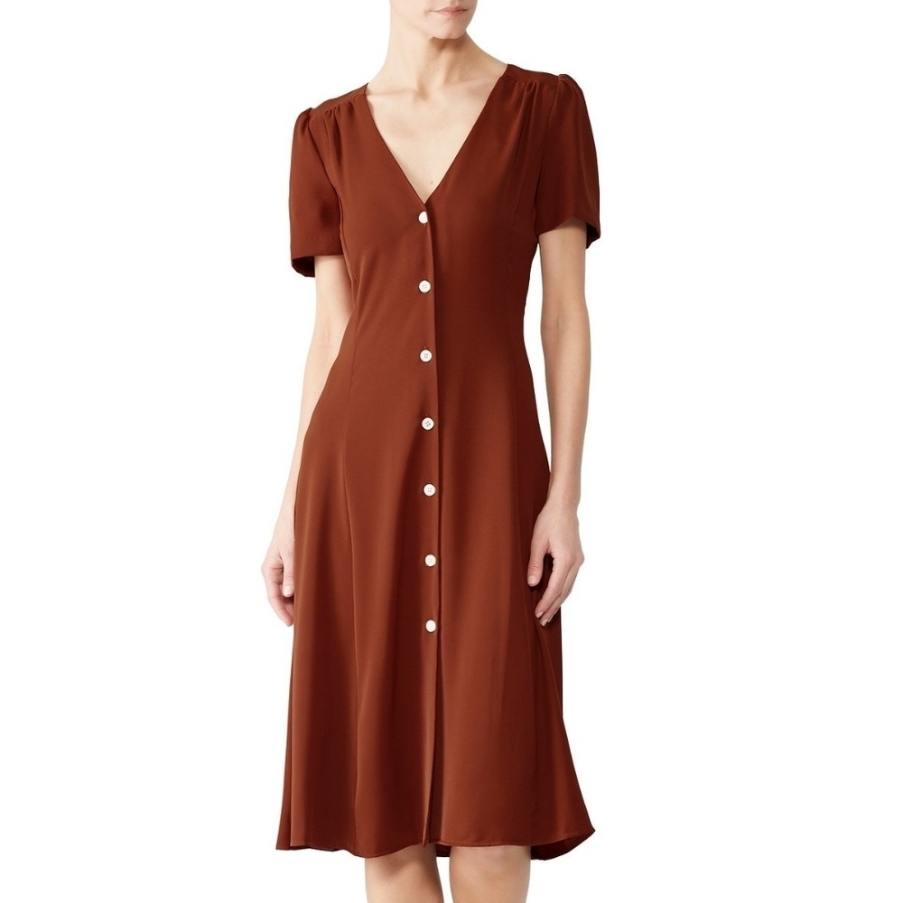Amanda Uprichard Maura dress rust brown button down midi short sleeve size large